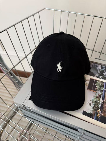 Black Cotton Baseball Cap with White Embroidered Polo Player Logo – Adjustable Casual Hat